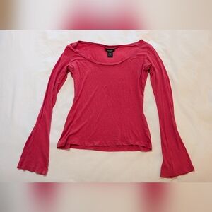 Express Deep Pink Wide Neck Flare Long Sleeve Cotton Top, M
